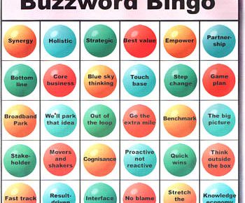 A bingo card marked "Buzzword Bingo"