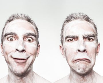 Two side-by-side portraits of the same man with a happy and an unhappy expression