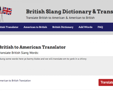 A screenshot of a British-American translator website and an online British slang dictionary PR