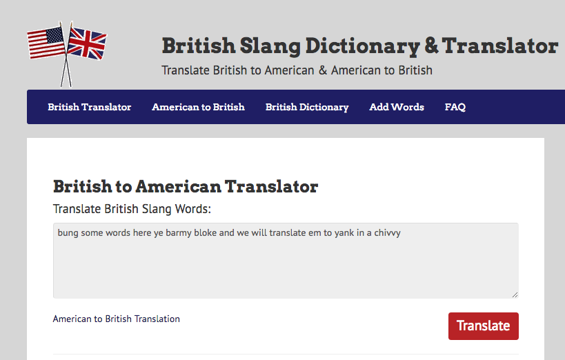A screenshot of a British-American translator website and an online British slang dictionary PR
