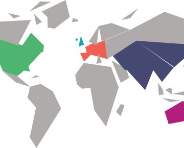 A minimal geometric map of the world in Positive's Tech PR brand colours tech pr